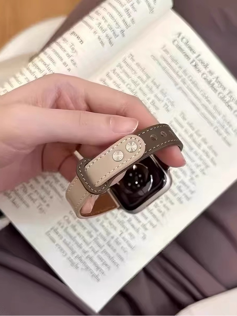 Genuine Leather Apple Watch Band Two-Tone Beige Brown Strap 42/44/45/46/49mm